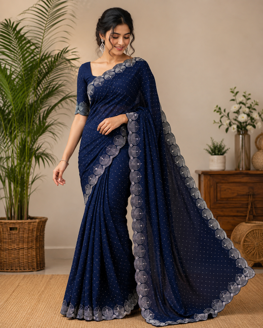 Georgette Embellished Saree for Women (Navy Blue, 6.3 m)