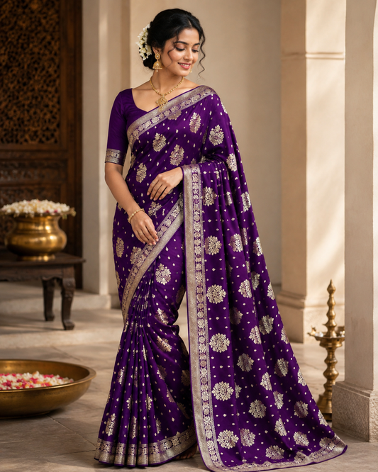 Jacquard Saree With Blouse For Women (Purple, 6.3M)