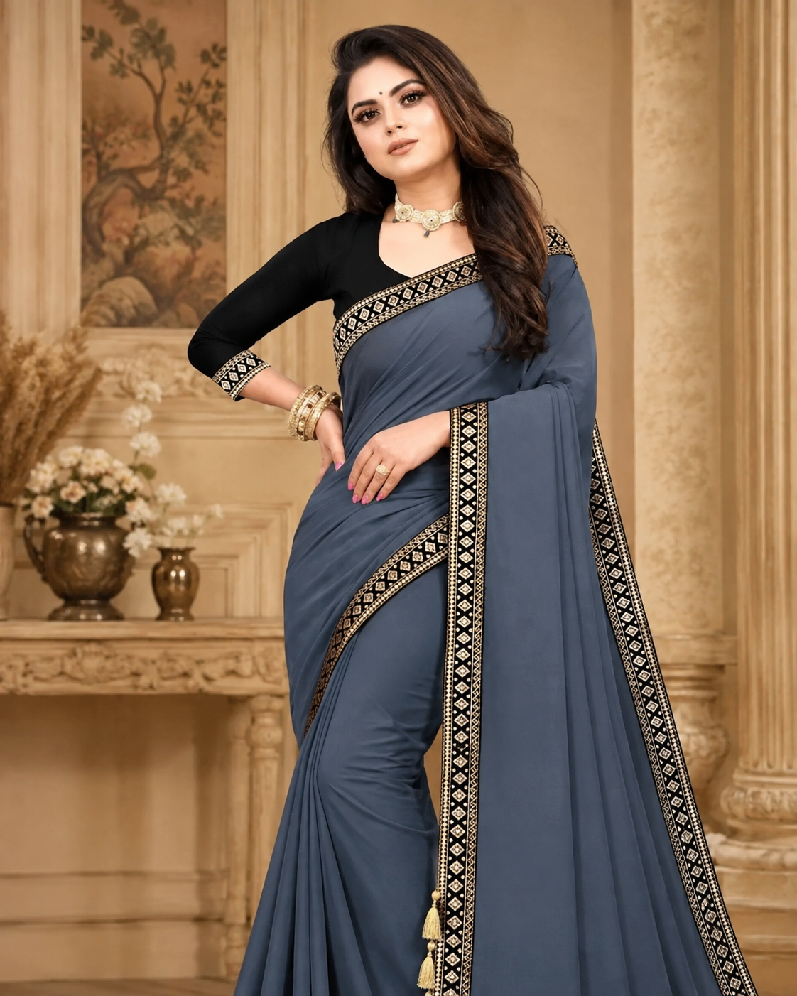Lycra Blend Solid Saree for Women (Black, 6.3 m)