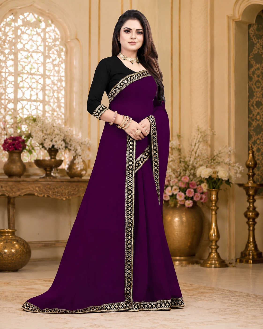 Lycra Blend Solid Saree for Women (Black, 6.3 m)