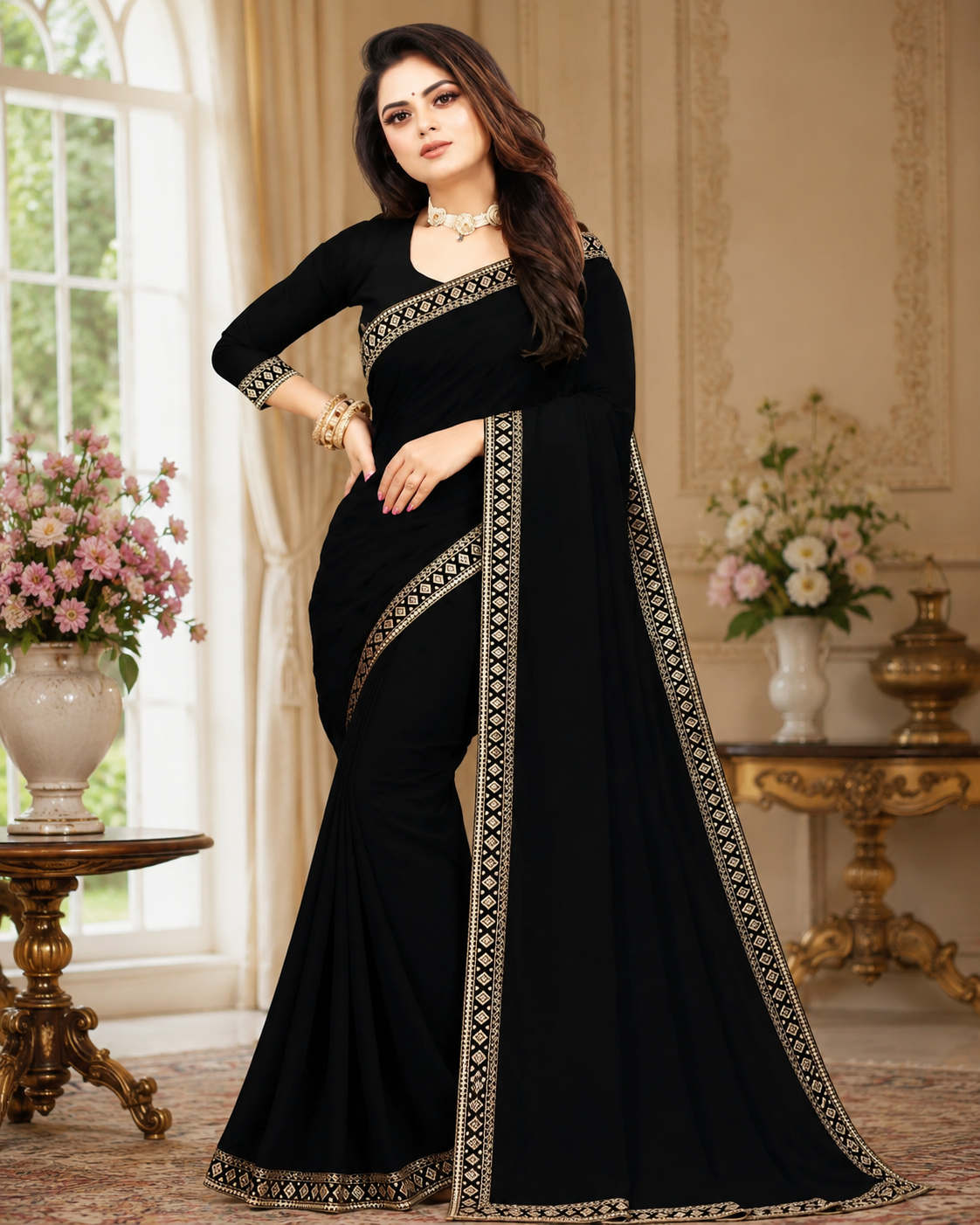 Lycra Blend Solid Saree for Women (Black, 6.3 m)